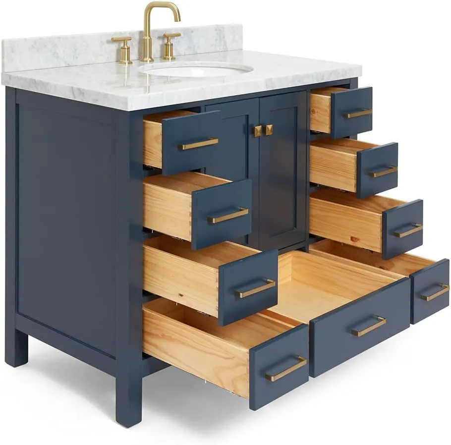 ARIEL Cambridge 43 Inch Bathroom Vanity with Sink, Blue Bathroom Vanity, Solid Wood Midnight Blue Base Cabinet, Carrara Marble Top, 1.5-Inch Edge, Oval Undermount Sink, 2 Soft Closing Doors, 9 Drawers