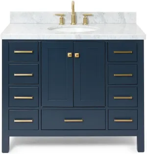 ARIEL Cambridge 43 Inch Bathroom Vanity with Sink, Blue Bathroom Vanity, Solid Wood Midnight Blue Base Cabinet, Carrara Marble Top, 1.5-Inch Edge, Oval Undermount Sink, 2 Soft Closing Doors, 9 Drawers