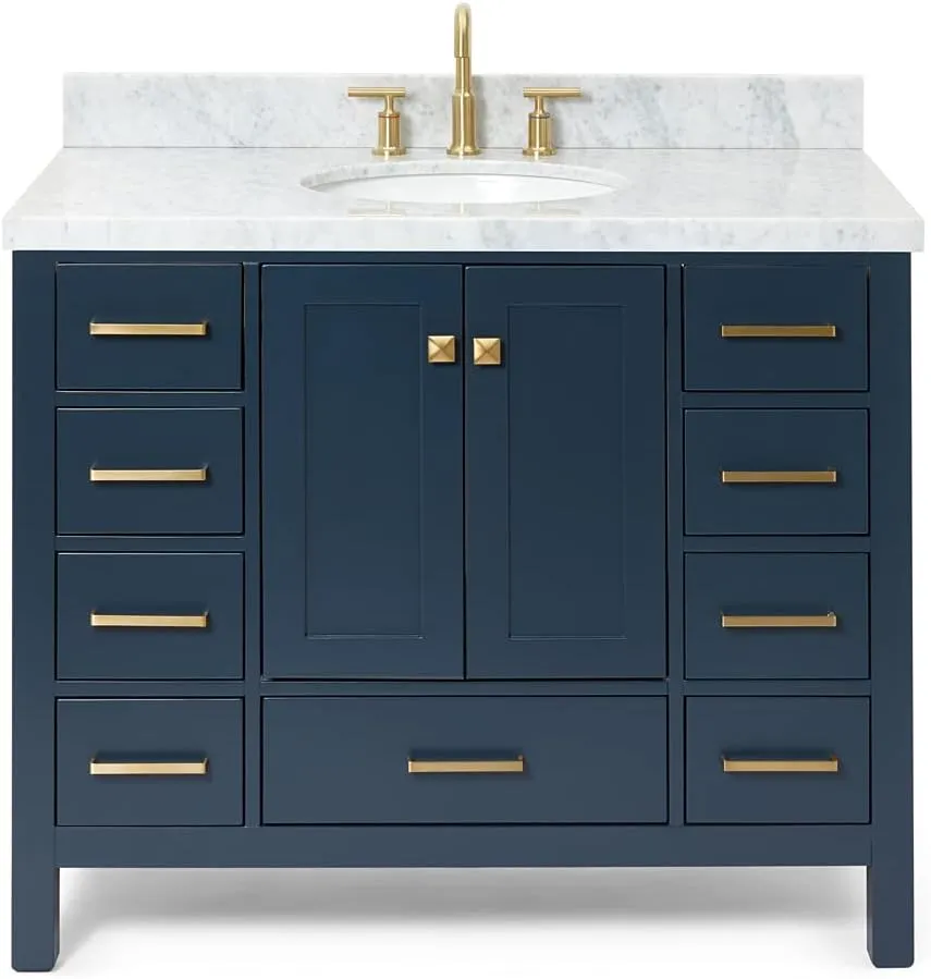 ARIEL Cambridge 43 Inch Bathroom Vanity with Sink, Blue Bathroom Vanity, Solid Wood Midnight Blue Base Cabinet, Carrara Marble Top, 1.5-Inch Edge, Oval Undermount Sink, 2 Soft Closing Doors, 9 Drawers