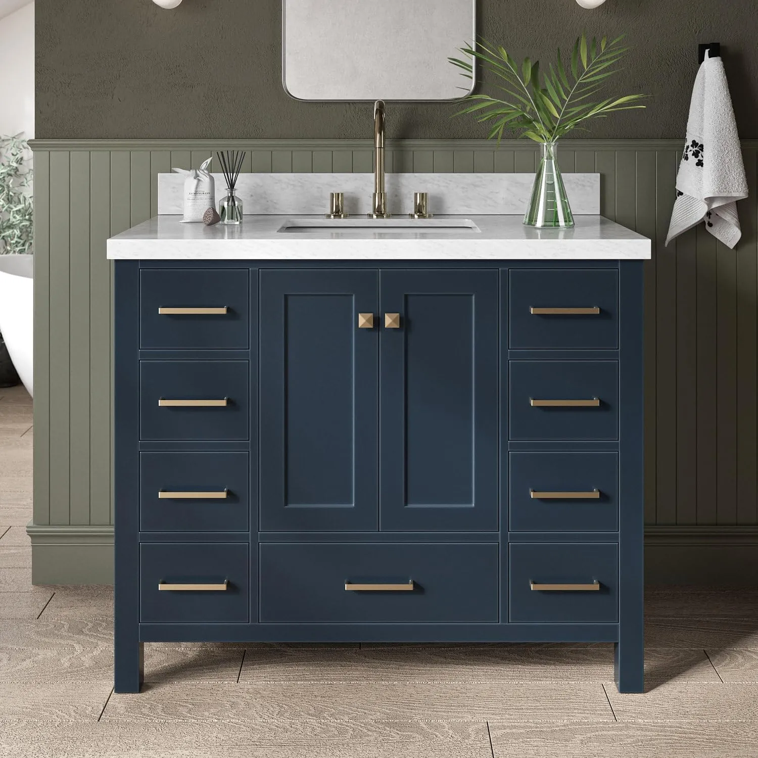 ARIEL Cambridge 43 Inch Bathroom Vanity with Sink, Blue Bathroom Vanity, Solid Wood Midnight Blue Base Cabinet, Carrara Marble Top, 1.5-Inch Edge, Oval Undermount Sink, 2 Soft Closing Doors, 9 Drawers