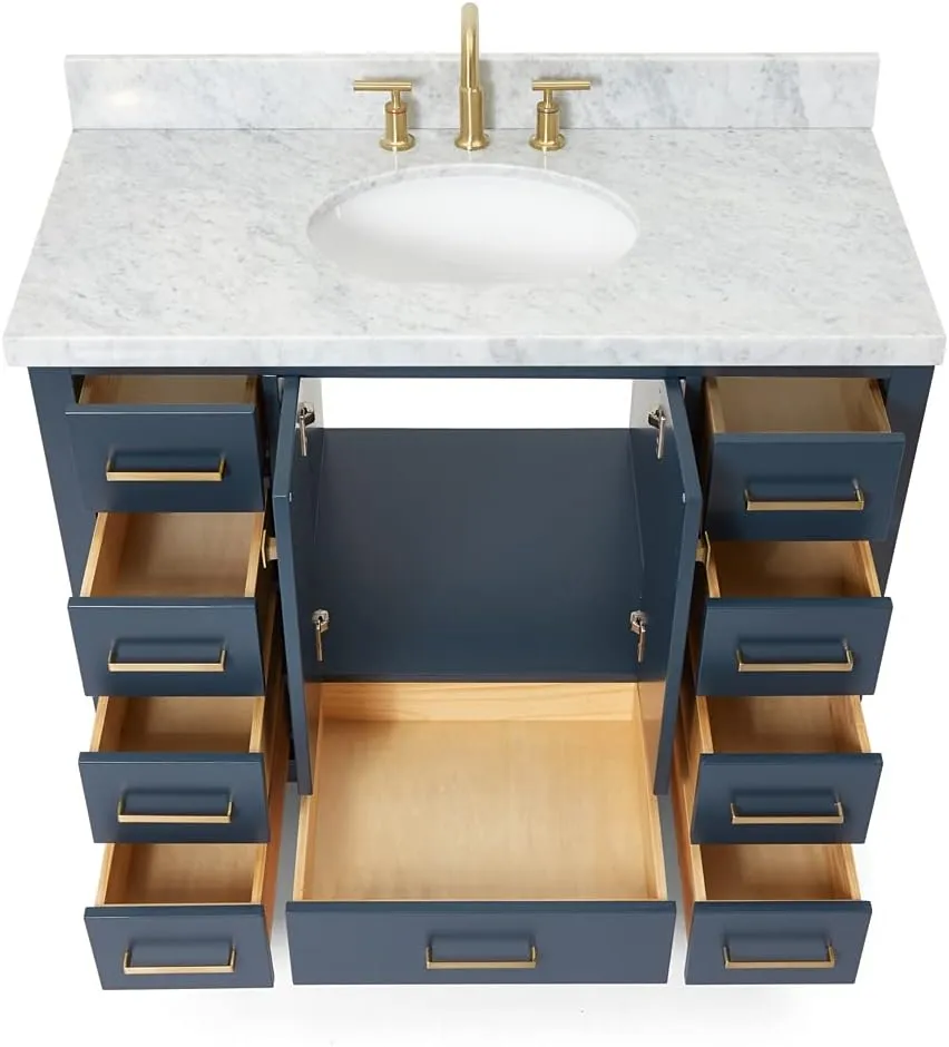 ARIEL Cambridge 43 Inch Bathroom Vanity with Sink, Blue Bathroom Vanity, Solid Wood Midnight Blue Base Cabinet, Carrara Marble Top, 1.5-Inch Edge, Oval Undermount Sink, 2 Soft Closing Doors, 9 Drawers