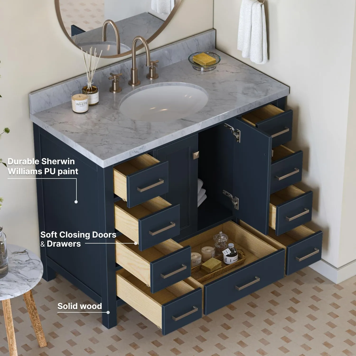 ARIEL Cambridge 43 Inch Bathroom Vanity with Sink, Blue Bathroom Vanity, Solid Wood Midnight Blue Base Cabinet, Carrara Marble Top, 1.5-Inch Edge, Oval Undermount Sink, 2 Soft Closing Doors, 9 Drawers