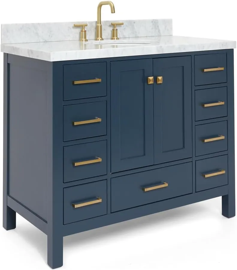 ARIEL Cambridge 43 Inch Bathroom Vanity with Sink, Blue Bathroom Vanity, Solid Wood Midnight Blue Base Cabinet, Carrara Marble Top, 1.5-Inch Edge, Oval Undermount Sink, 2 Soft Closing Doors, 9 Drawers