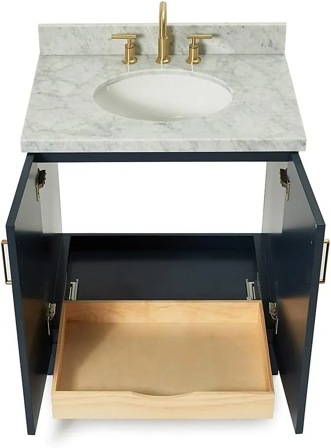 ARIEL Taylor 31 Inch Bathroom Vanity with Sink, Blue Bathroom Vanity, Solid Wood Midnight Blue Vanity Base Cabinet, Carrara Marble Top 1.5" Edge, Oval Undermount Sink, 2 Soft Closing Doors, 1 Drawer