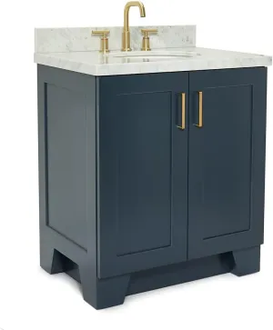 ARIEL Taylor 31 Inch Bathroom Vanity with Sink, Blue Bathroom Vanity, Solid Wood Midnight Blue Vanity Base Cabinet, Carrara Marble Top 1.5" Edge, Oval Undermount Sink, 2 Soft Closing Doors, 1 Drawer