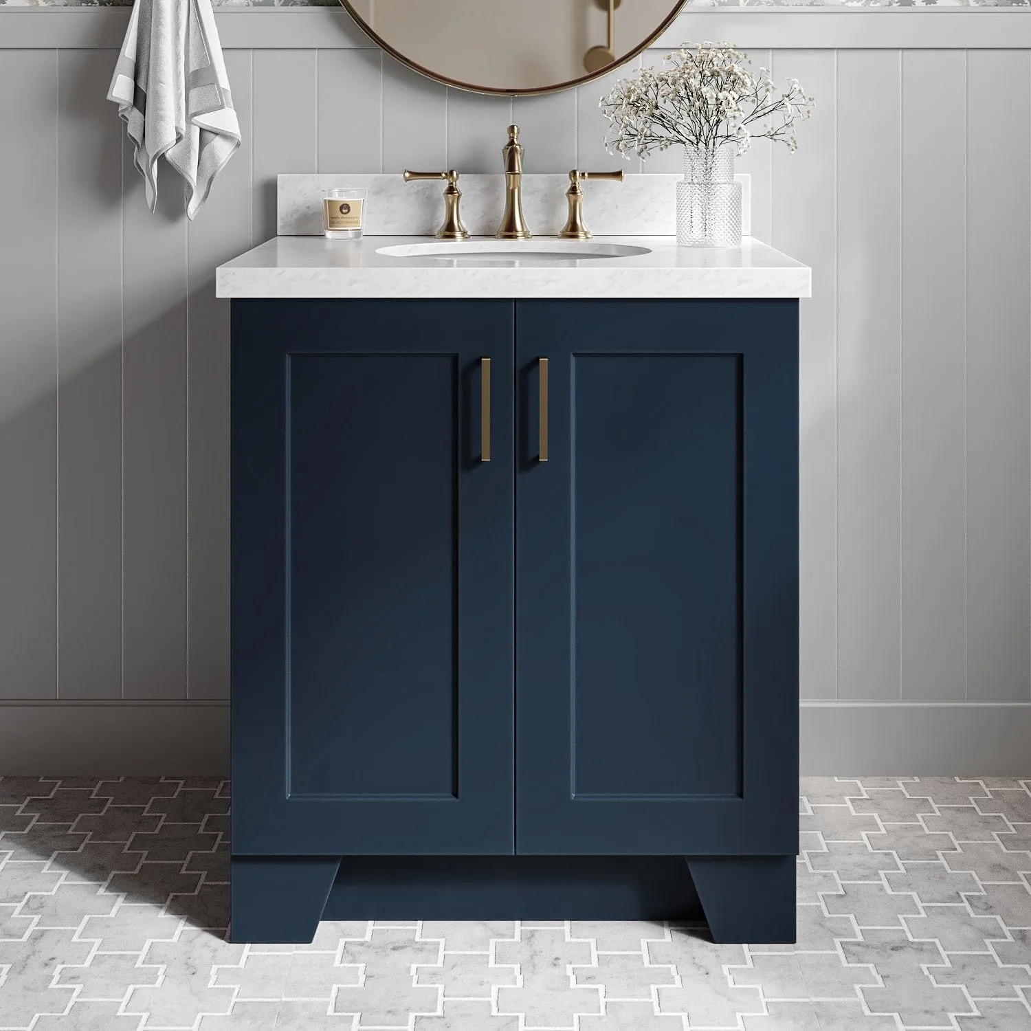 ARIEL Taylor 31 Inch Bathroom Vanity with Sink, Blue Bathroom Vanity, Solid Wood Midnight Blue Vanity Base Cabinet, Carrara Marble Top 1.5" Edge, Oval Undermount Sink, 2 Soft Closing Doors, 1 Drawer