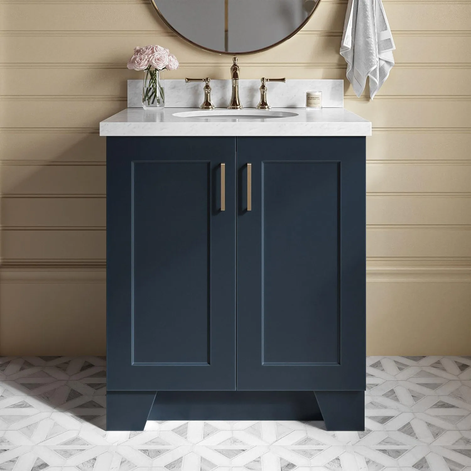 ARIEL Taylor 31 Inch Bathroom Vanity with Sink, Blue Bathroom Vanity, Solid Wood Midnight Blue Vanity Base Cabinet, Carrara Marble Top 1.5" Edge, Oval Undermount Sink, 2 Soft Closing Doors, 1 Drawer