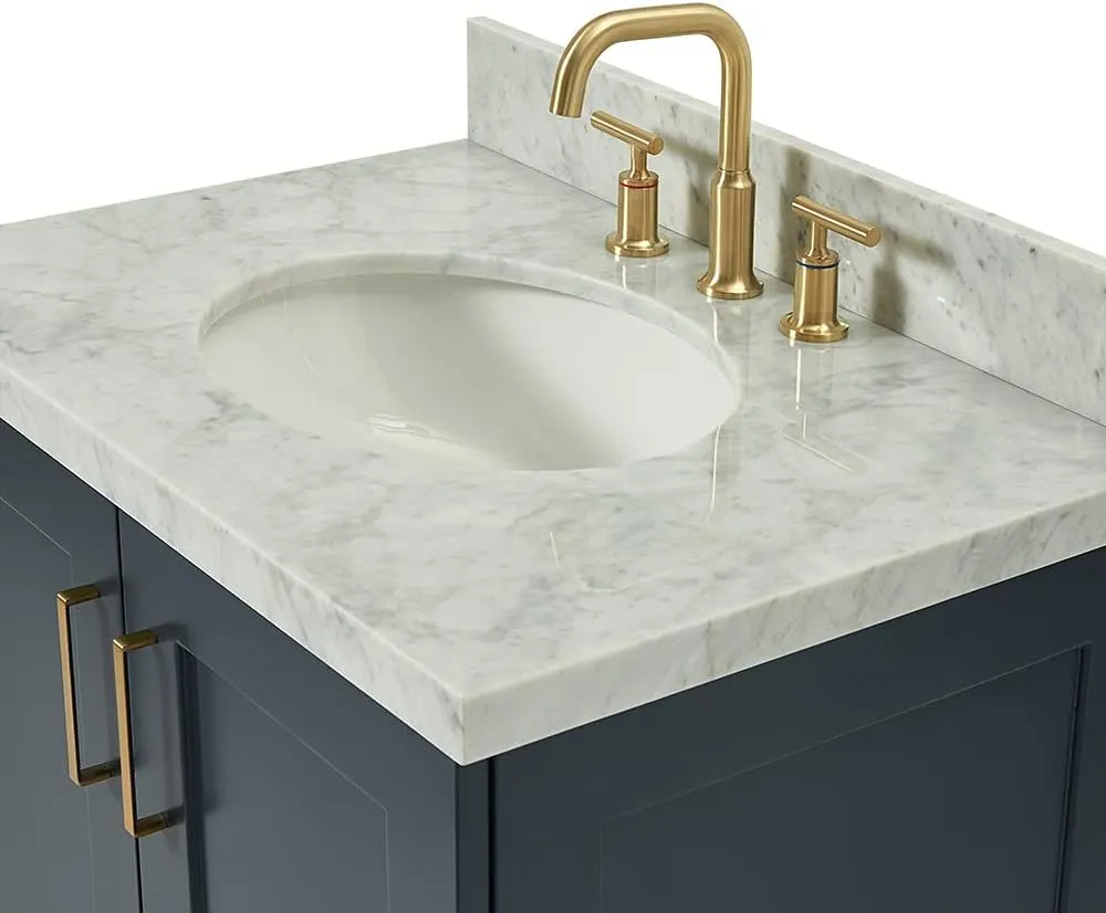 ARIEL Taylor 31 Inch Bathroom Vanity with Sink, Blue Bathroom Vanity, Solid Wood Midnight Blue Vanity Base Cabinet, Carrara Marble Top 1.5" Edge, Oval Undermount Sink, 2 Soft Closing Doors, 1 Drawer