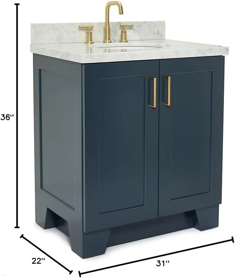 ARIEL Taylor 31 Inch Bathroom Vanity with Sink, Blue Bathroom Vanity, Solid Wood Midnight Blue Vanity Base Cabinet, Carrara Marble Top 1.5" Edge, Oval Undermount Sink, 2 Soft Closing Doors, 1 Drawer