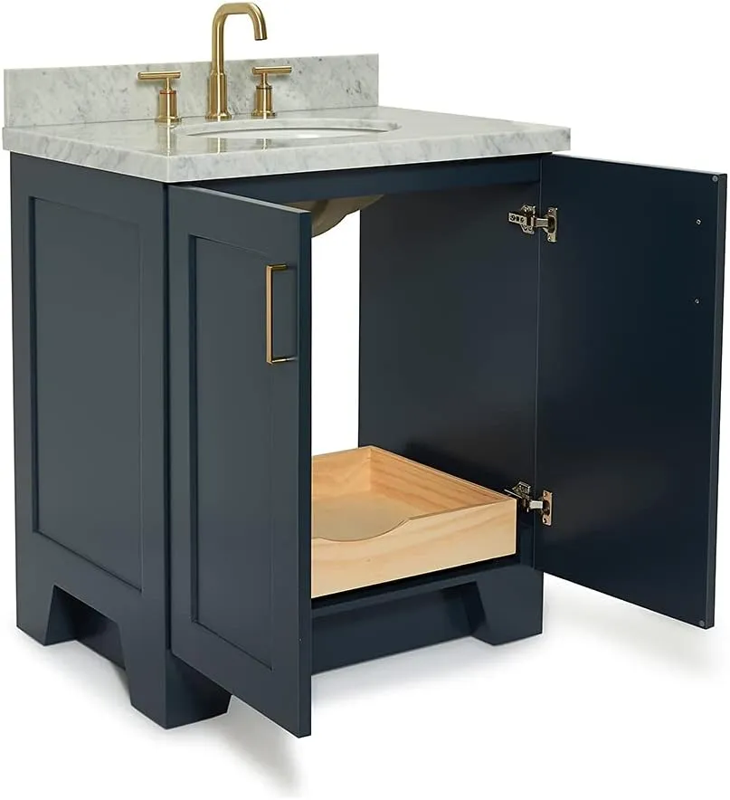ARIEL Taylor 31 Inch Bathroom Vanity with Sink, Blue Bathroom Vanity, Solid Wood Midnight Blue Vanity Base Cabinet, Carrara Marble Top 1.5" Edge, Oval Undermount Sink, 2 Soft Closing Doors, 1 Drawer