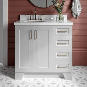 ARIEL Taylor 37 Inch Grey Bathroom Vanity with Sink, Solid Wood Bathroom Vanity Base Cabinet, Carrara Marble Top 1.5-Inch Edge, Left Oval Undermount Single Sink, 2 Soft Closing Doors, 5 Drawers