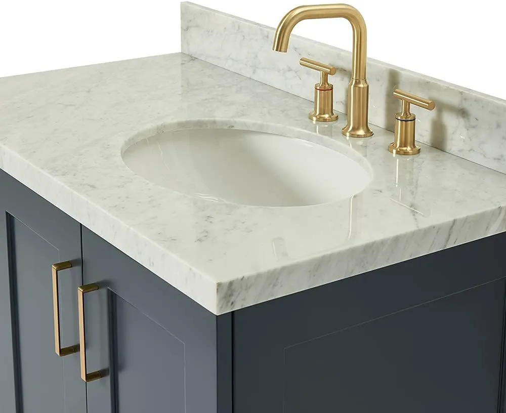 ARIEL Taylor 37 Inch Midnight Blue Bathroom Vanity with Sink, Solid Wood Bathroom Vanity Base Cabinet, Carrara Marble Top 1.5-Inch Edge, Right Oval Single Sink, 2 Soft Closing Doors, 5 Drawers