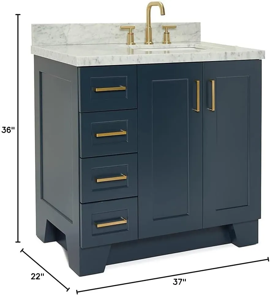 ARIEL Taylor 37 Inch Midnight Blue Bathroom Vanity with Sink, Solid Wood Bathroom Vanity Base Cabinet, Carrara Marble Top 1.5-Inch Edge, Right Oval Single Sink, 2 Soft Closing Doors, 5 Drawers