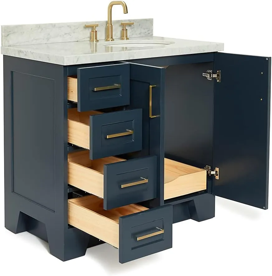 ARIEL Taylor 37 Inch Midnight Blue Bathroom Vanity with Sink, Solid Wood Bathroom Vanity Base Cabinet, Carrara Marble Top 1.5-Inch Edge, Right Oval Single Sink, 2 Soft Closing Doors, 5 Drawers