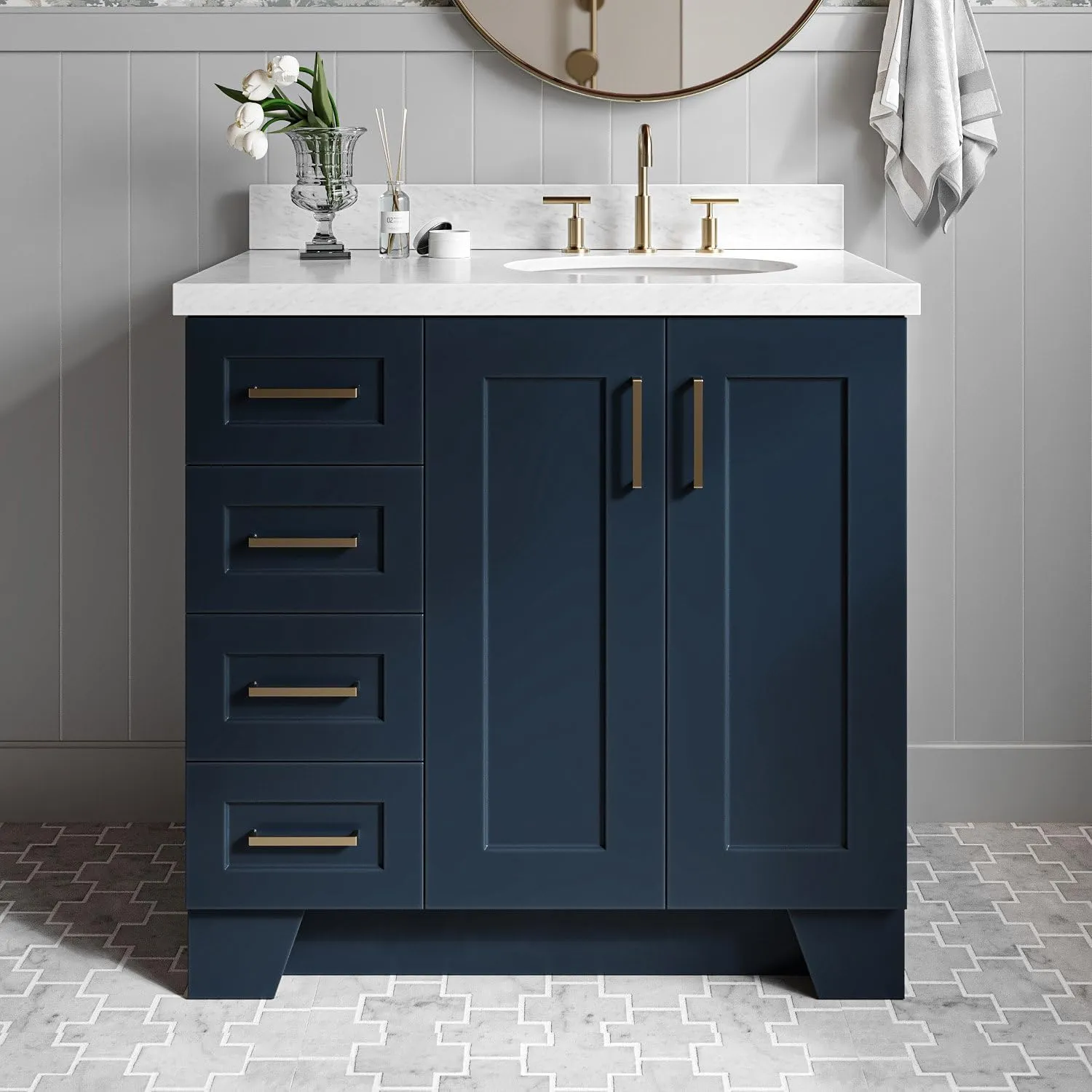 ARIEL Taylor 37 Inch Midnight Blue Bathroom Vanity with Sink, Solid Wood Bathroom Vanity Base Cabinet, Carrara Marble Top 1.5-Inch Edge, Right Oval Single Sink, 2 Soft Closing Doors, 5 Drawers