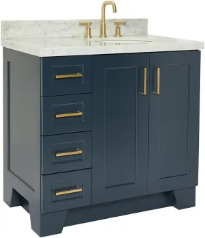 ARIEL Taylor 37 Inch Midnight Blue Bathroom Vanity with Sink, Solid Wood Bathroom Vanity Base Cabinet, Carrara Marble Top 1.5-Inch Edge, Right Oval Single Sink, 2 Soft Closing Doors, 5 Drawers