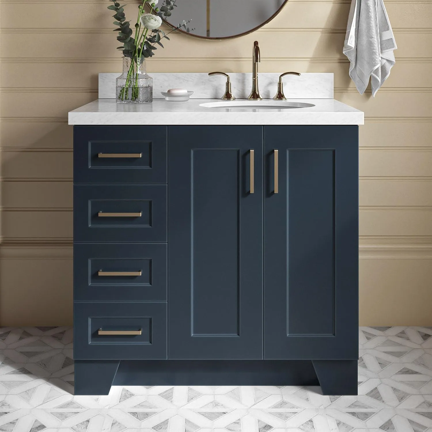 ARIEL Taylor 37 Inch Midnight Blue Bathroom Vanity with Sink, Solid Wood Bathroom Vanity Base Cabinet, Carrara Marble Top 1.5-Inch Edge, Right Oval Single Sink, 2 Soft Closing Doors, 5 Drawers