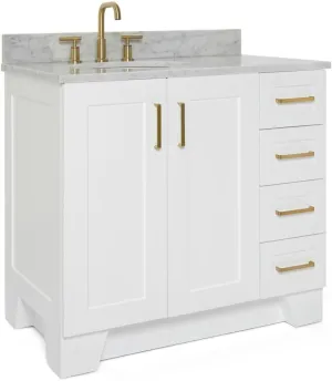 ARIEL Taylor 37 Inch White Bathroom Vanity with Sink, Solid Wood Bathroom Vanity Base Cabinet, Carrara Marble Countertop, Left Oval Undermount Single Sink, 2 Soft Closing Doors, 5 Drawers