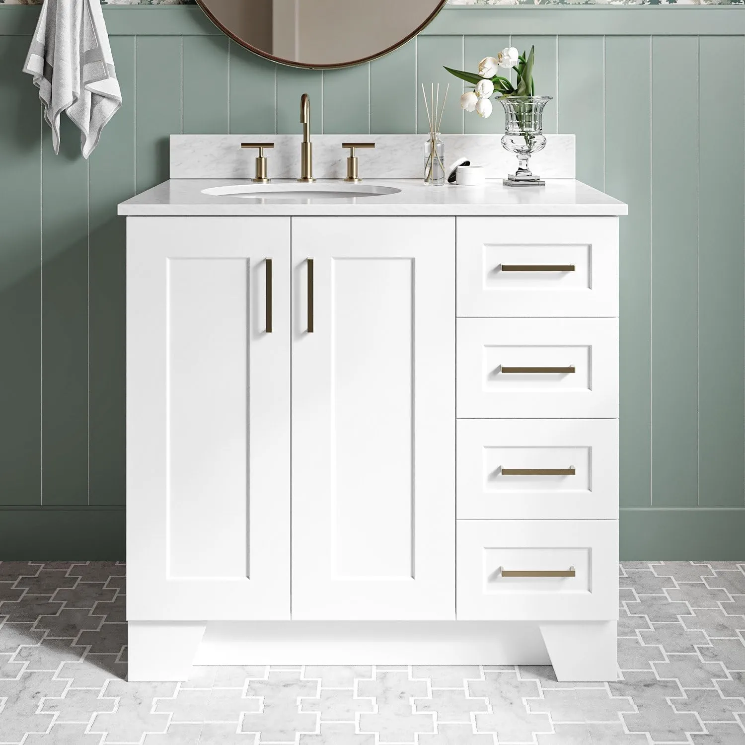 ARIEL Taylor 37 Inch White Bathroom Vanity with Sink, Solid Wood Bathroom Vanity Base Cabinet, Carrara Marble Countertop, Left Oval Undermount Single Sink, 2 Soft Closing Doors, 5 Drawers