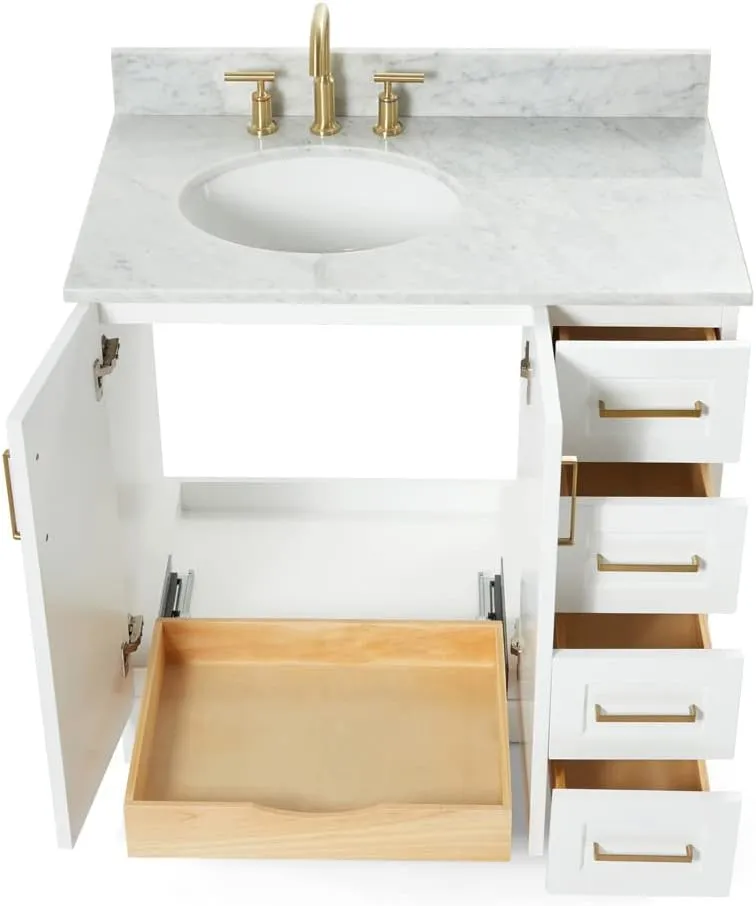 ARIEL Taylor 37 Inch White Bathroom Vanity with Sink, Solid Wood Bathroom Vanity Base Cabinet, Carrara Marble Countertop, Left Oval Undermount Single Sink, 2 Soft Closing Doors, 5 Drawers
