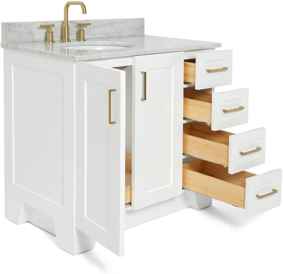 ARIEL Taylor 37 Inch White Bathroom Vanity with Sink, Solid Wood Bathroom Vanity Base Cabinet, Carrara Marble Countertop, Left Oval Undermount Single Sink, 2 Soft Closing Doors, 5 Drawers