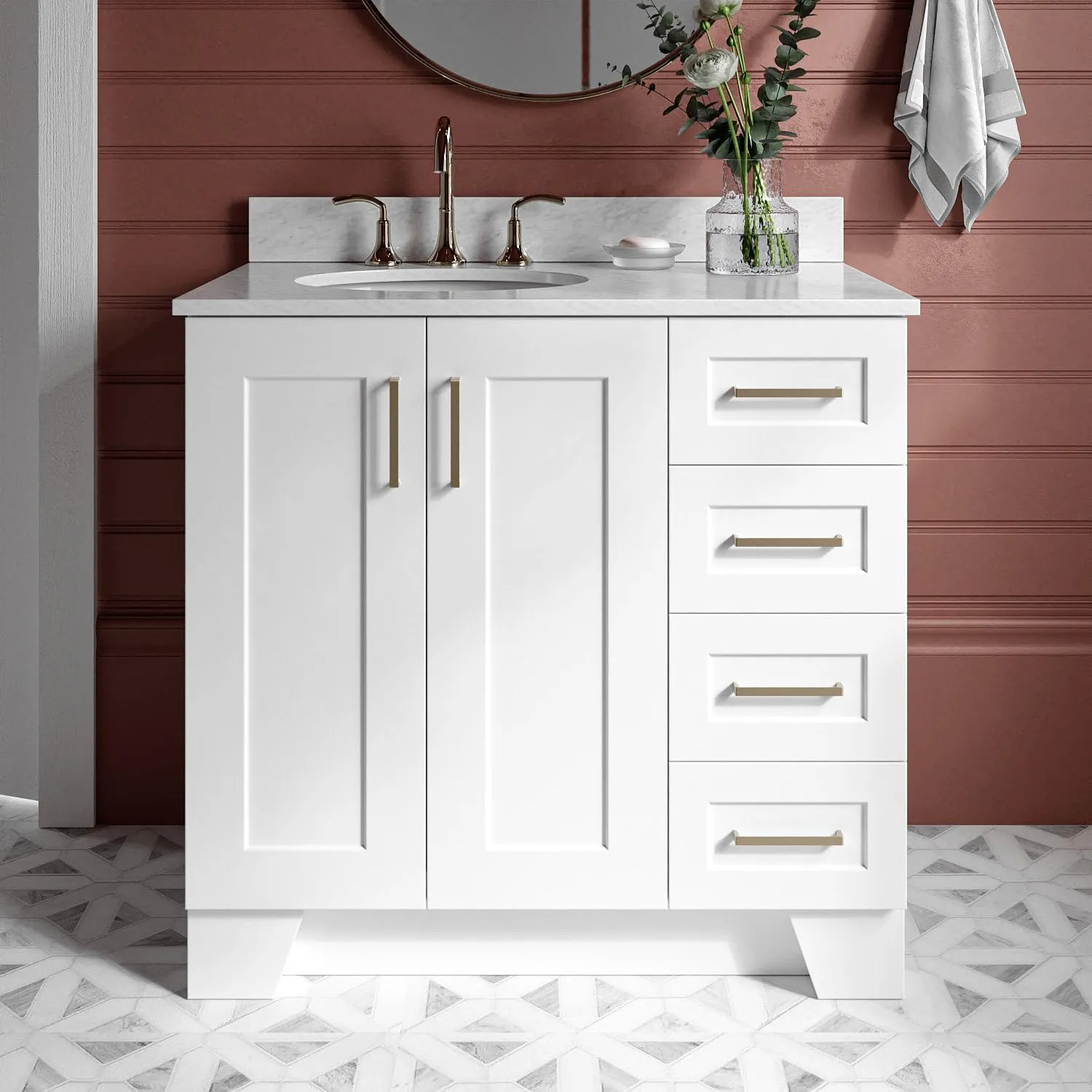 ARIEL Taylor 37 Inch White Bathroom Vanity with Sink, Solid Wood Bathroom Vanity Base Cabinet, Carrara Marble Countertop, Left Oval Undermount Single Sink, 2 Soft Closing Doors, 5 Drawers