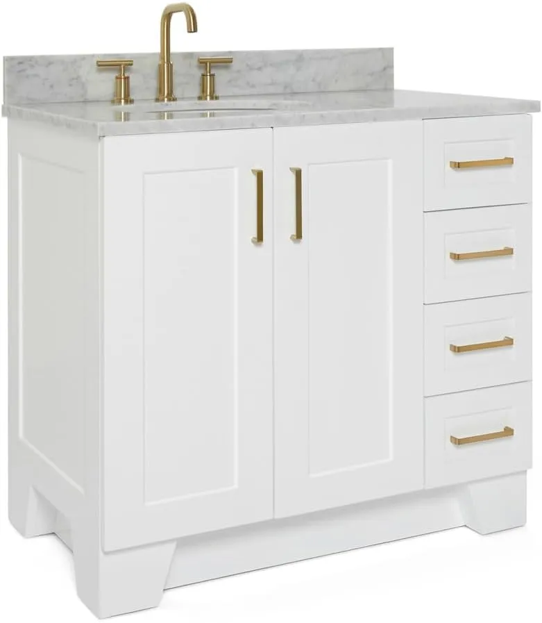 ARIEL Taylor 37 Inch White Bathroom Vanity with Sink, Solid Wood Bathroom Vanity Base Cabinet, Carrara Marble Countertop, Left Oval Undermount Single Sink, 2 Soft Closing Doors, 5 Drawers