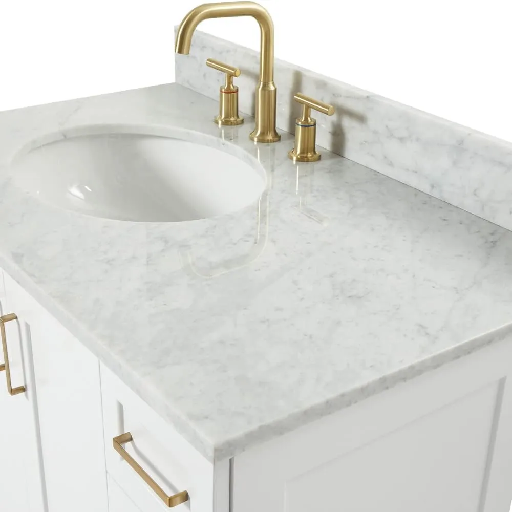 ARIEL Taylor 37 Inch White Bathroom Vanity with Sink, Solid Wood Bathroom Vanity Base Cabinet, Carrara Marble Countertop, Left Oval Undermount Single Sink, 2 Soft Closing Doors, 5 Drawers