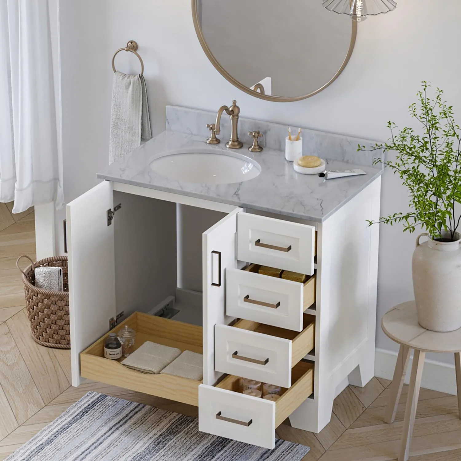 ARIEL Taylor 37 Inch White Bathroom Vanity with Sink, Solid Wood Bathroom Vanity Base Cabinet, Carrara Marble Countertop, Left Oval Undermount Single Sink, 2 Soft Closing Doors, 5 Drawers