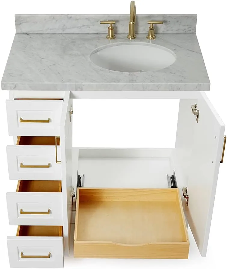 ARIEL Taylor 37 Inch White Bathroom Vanity with Sink, Solid Wood Bathroom Vanity Base Cabinet, Carrara Marble Top 1.5-Inch Edge, Right Oval Undermount Single Sink, 2 Soft Closing Doors, 5 Drawers