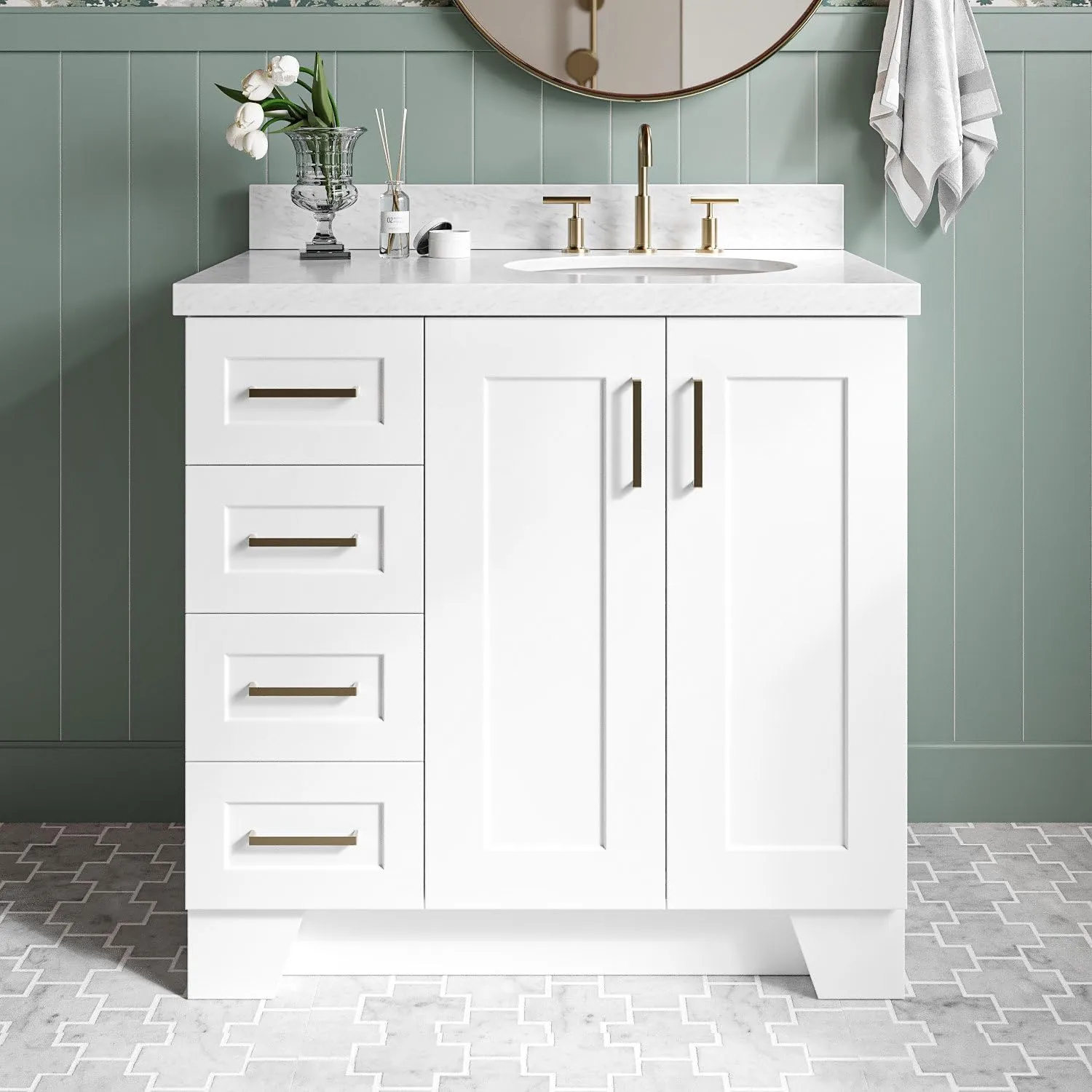 ARIEL Taylor 37 Inch White Bathroom Vanity with Sink, Solid Wood Bathroom Vanity Base Cabinet, Carrara Marble Top 1.5-Inch Edge, Right Oval Undermount Single Sink, 2 Soft Closing Doors, 5 Drawers