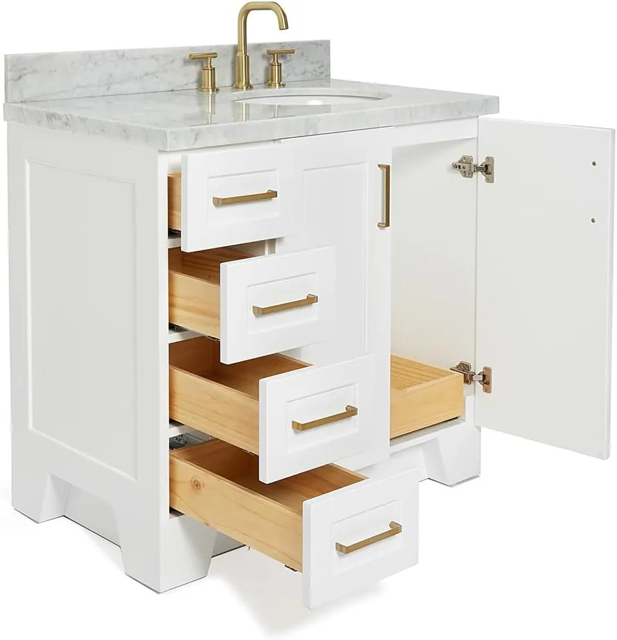 ARIEL Taylor 37 Inch White Bathroom Vanity with Sink, Solid Wood Bathroom Vanity Base Cabinet, Carrara Marble Top 1.5-Inch Edge, Right Oval Undermount Single Sink, 2 Soft Closing Doors, 5 Drawers