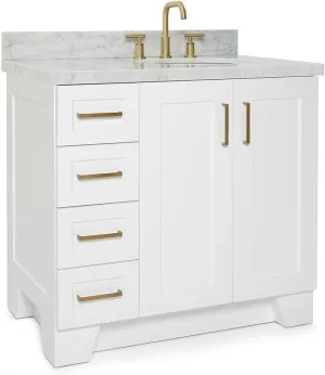 ARIEL Taylor 37 Inch White Bathroom Vanity with Sink, Solid Wood Bathroom Vanity Base Cabinet, Carrara Marble Top 1.5-Inch Edge, Right Oval Undermount Single Sink, 2 Soft Closing Doors, 5 Drawers