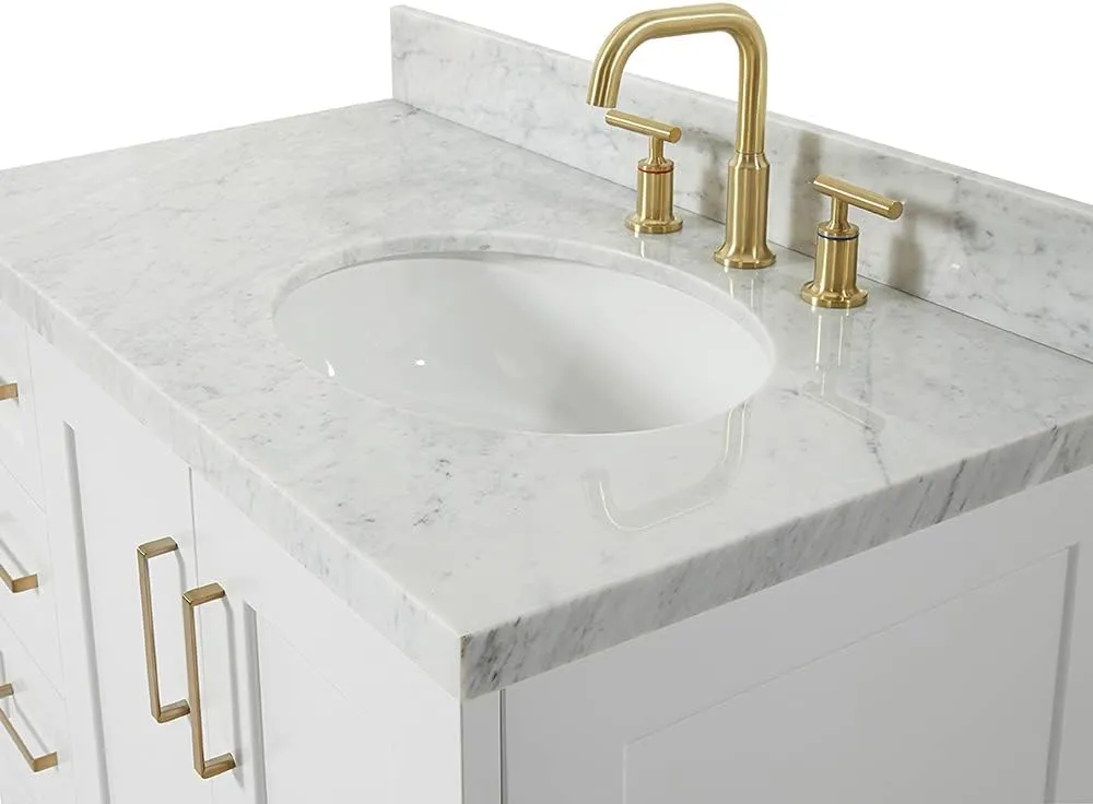 ARIEL Taylor 37 Inch White Bathroom Vanity with Sink, Solid Wood Bathroom Vanity Base Cabinet, Carrara Marble Top 1.5-Inch Edge, Right Oval Undermount Single Sink, 2 Soft Closing Doors, 5 Drawers