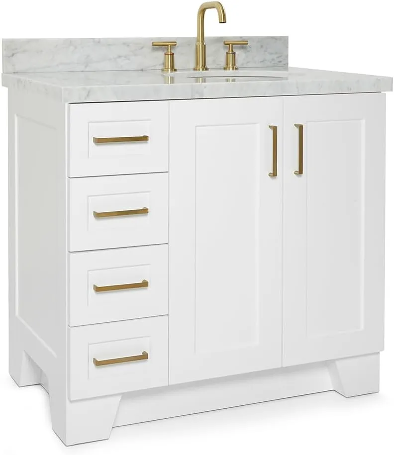 ARIEL Taylor 37 Inch White Bathroom Vanity with Sink, Solid Wood Bathroom Vanity Base Cabinet, Carrara Marble Top 1.5-Inch Edge, Right Oval Undermount Single Sink, 2 Soft Closing Doors, 5 Drawers