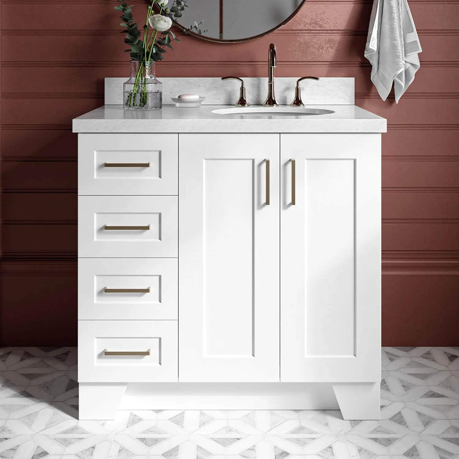 ARIEL Taylor 37 Inch White Bathroom Vanity with Sink, Solid Wood Bathroom Vanity Base Cabinet, Carrara Marble Top 1.5-Inch Edge, Right Oval Undermount Single Sink, 2 Soft Closing Doors, 5 Drawers
