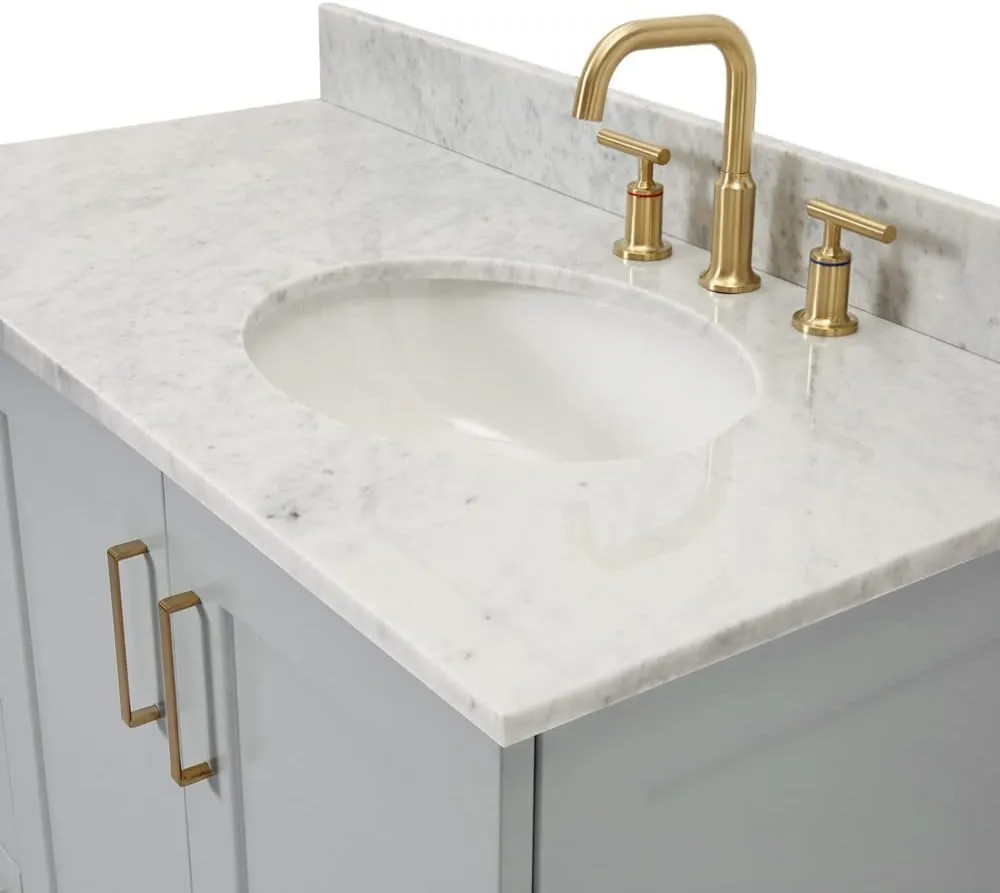 ARIEL Taylor 43 Inch Grey Bathroom Vanity with Sink, Solid Wood Bathroom Vanity Base Cabinet, Carrara Marble Countertop, Right Oval Undermount Single Sink, 2 Soft Closing Doors, 5 Drawers