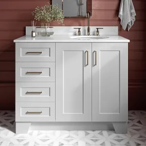 ARIEL Taylor 43 Inch Grey Bathroom Vanity with Sink, Solid Wood Bathroom Vanity Base Cabinet, Carrara Marble Countertop, Right Oval Undermount Single Sink, 2 Soft Closing Doors, 5 Drawers