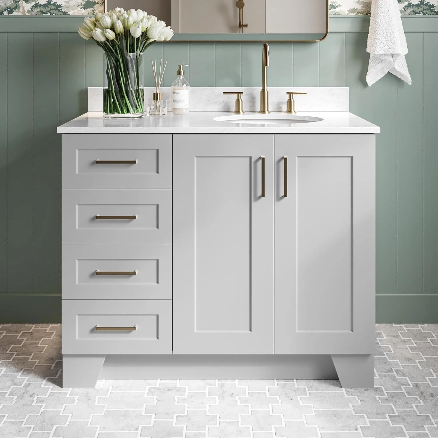 ARIEL Taylor 43 Inch Grey Bathroom Vanity with Sink, Solid Wood Bathroom Vanity Base Cabinet, Carrara Marble Countertop, Right Oval Undermount Single Sink, 2 Soft Closing Doors, 5 Drawers