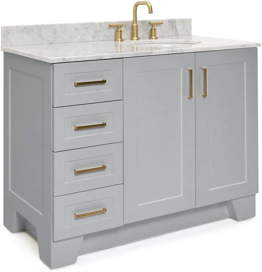 ARIEL Taylor 43 Inch Grey Bathroom Vanity with Sink, Solid Wood Bathroom Vanity Base Cabinet, Carrara Marble Countertop, Right Oval Undermount Single Sink, 2 Soft Closing Doors, 5 Drawers