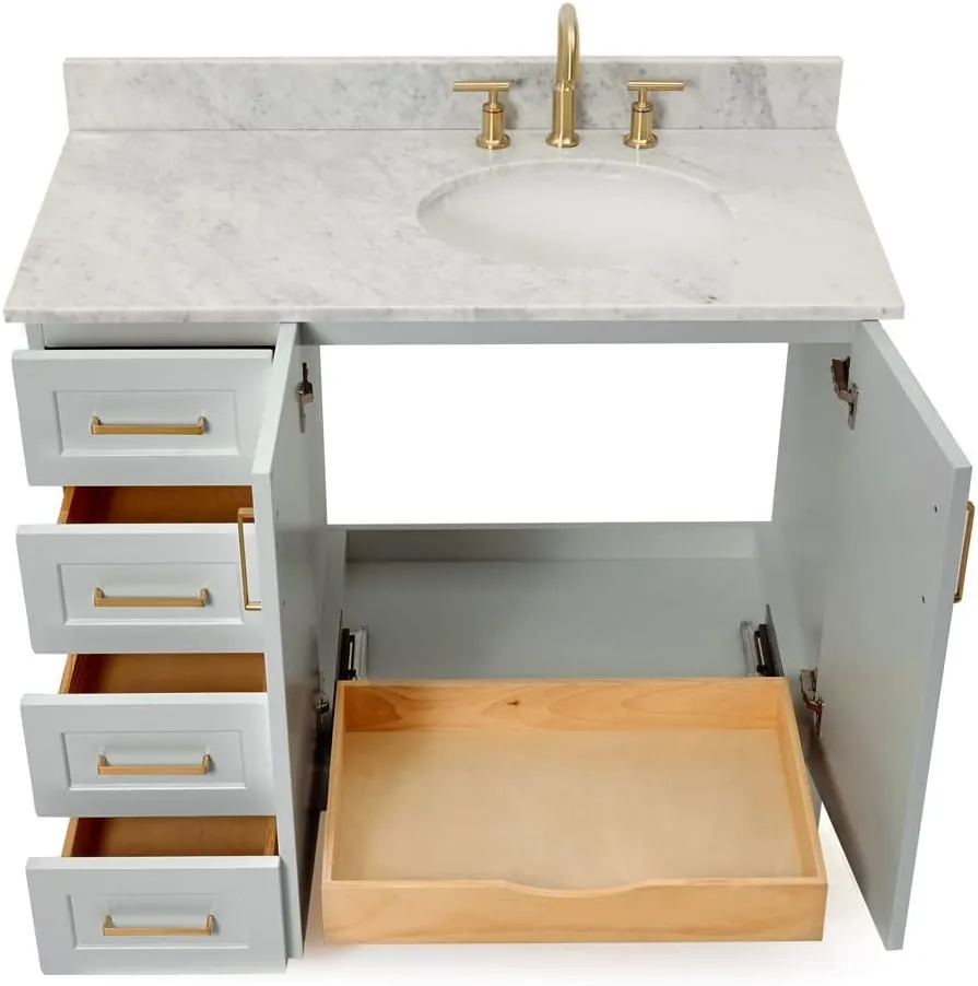 ARIEL Taylor 43 Inch Grey Bathroom Vanity with Sink, Solid Wood Bathroom Vanity Base Cabinet, Carrara Marble Countertop, Right Oval Undermount Single Sink, 2 Soft Closing Doors, 5 Drawers