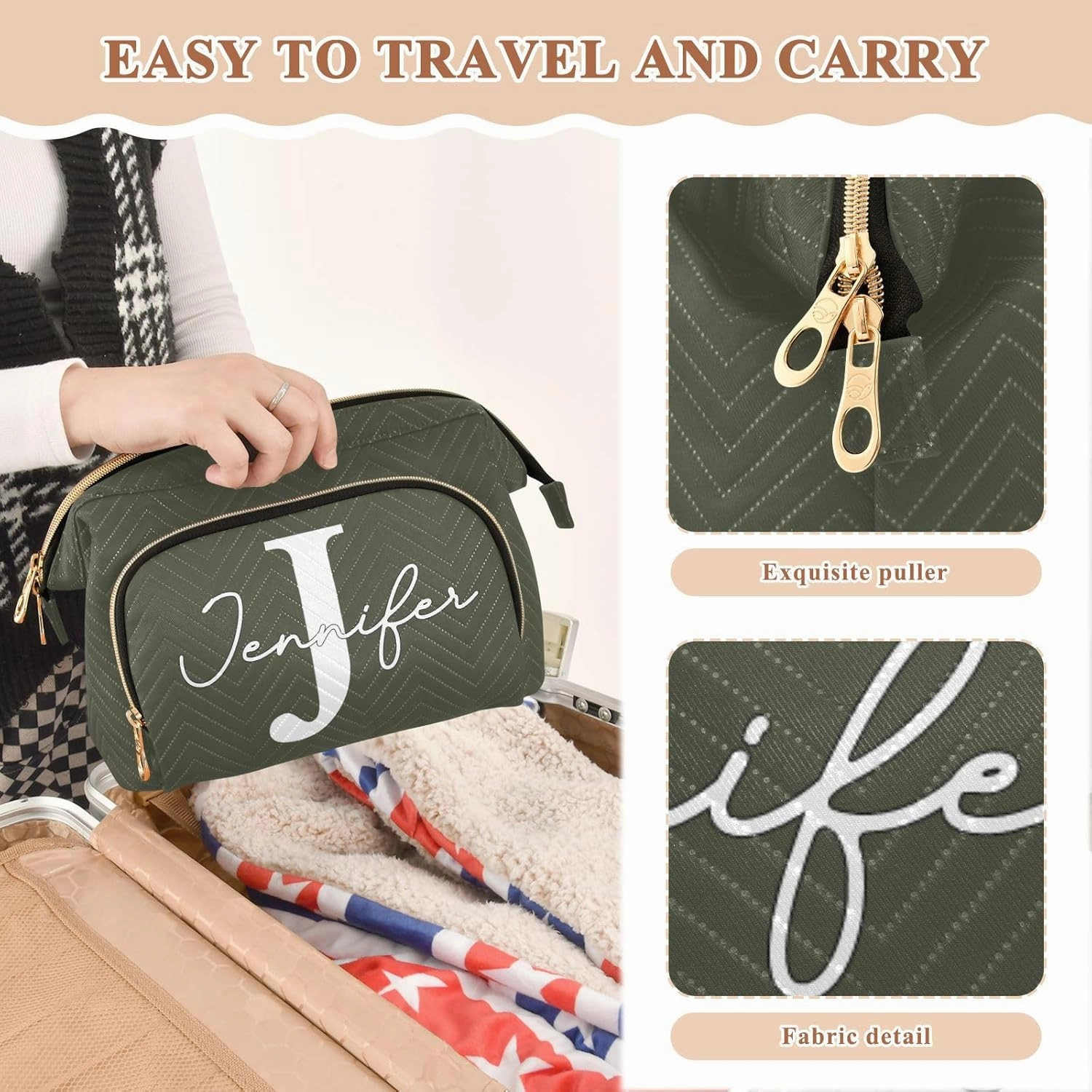 Army Green Custom Makeup Bag Travel Toiletry Bag Make Up Bags Skincare Bag Big Large Makeup Case Pouch Cosmetic Bag Box Organizer for Trip Women Purse Men Toiletries Sports Adults