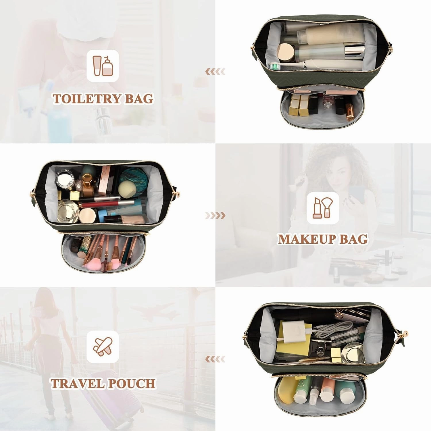 Army Green Custom Makeup Bag Travel Toiletry Bag Make Up Bags Skincare Bag Big Large Makeup Case Pouch Cosmetic Bag Box Organizer for Trip Women Purse Men Toiletries Sports Adults