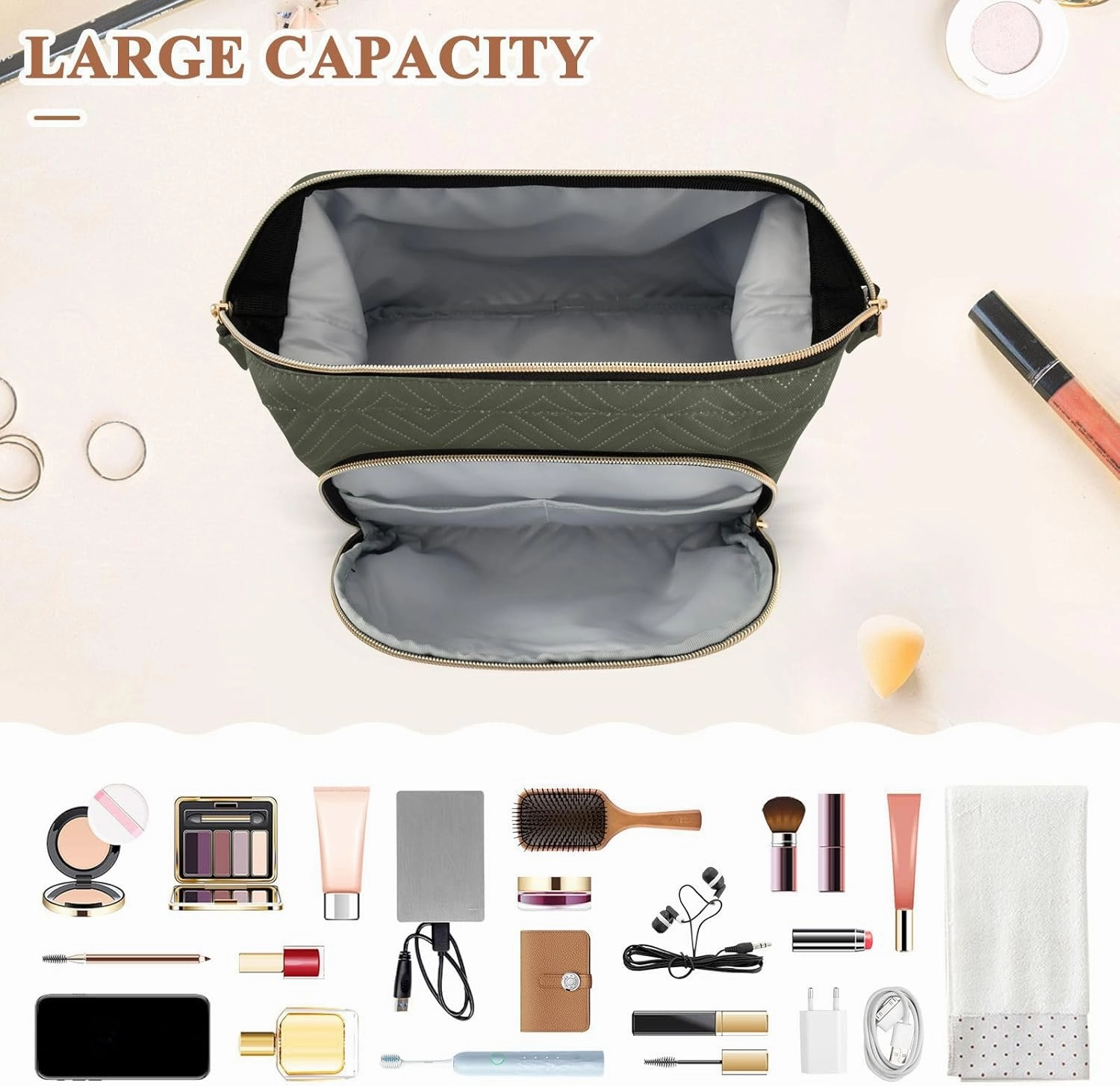Army Green Custom Makeup Bag Travel Toiletry Bag Make Up Bags Skincare Bag Big Large Makeup Case Pouch Cosmetic Bag Box Organizer for Trip Women Purse Men Toiletries Sports Adults