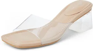 Arromic Women's Clear Block Heeled Sandals Black Nude White Chunky Heels 2 Inches Square Open Toe Slip on Backless Low Chunky Heeled Sandals Dressy Party Prom Wedding Shoes