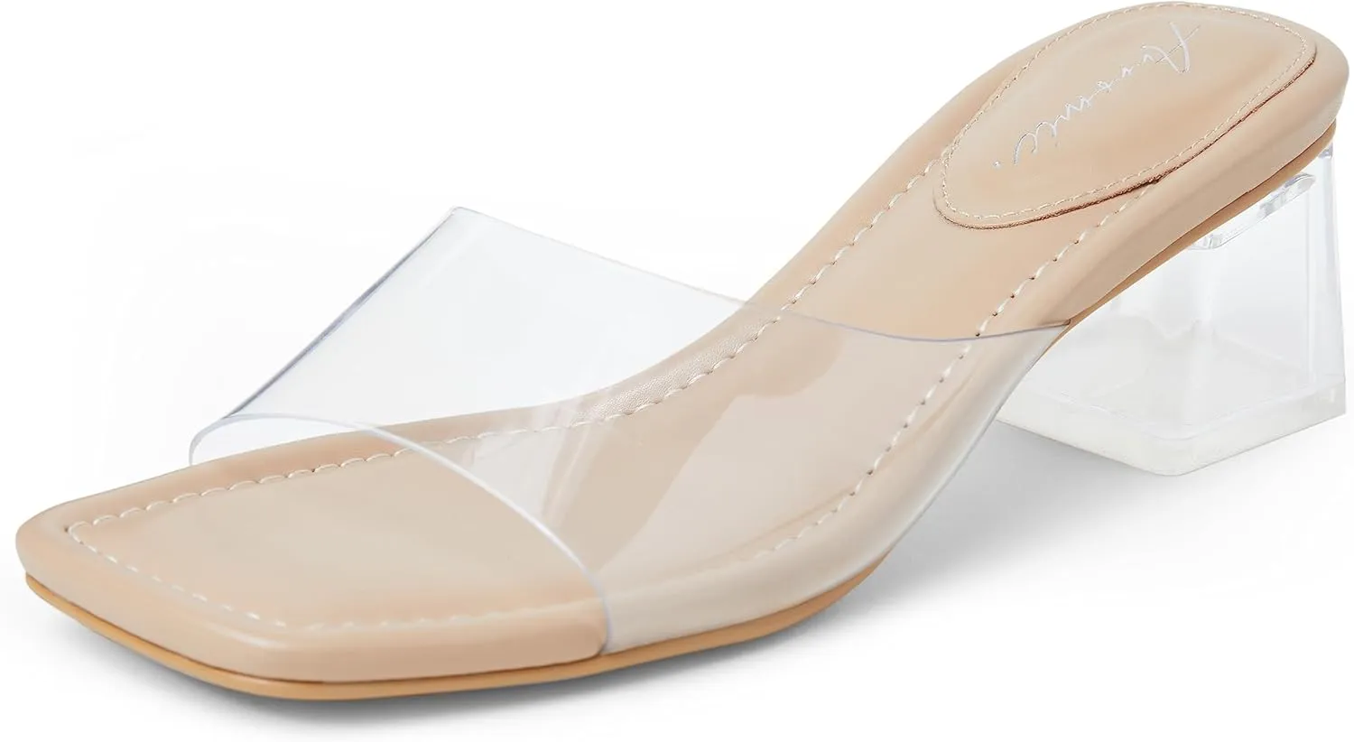 Arromic Women's Clear Block Heeled Sandals Black Nude White Chunky Heels 2 Inches Square Open Toe Slip on Backless Low Chunky Heeled Sandals Dressy Party Prom Wedding Shoes