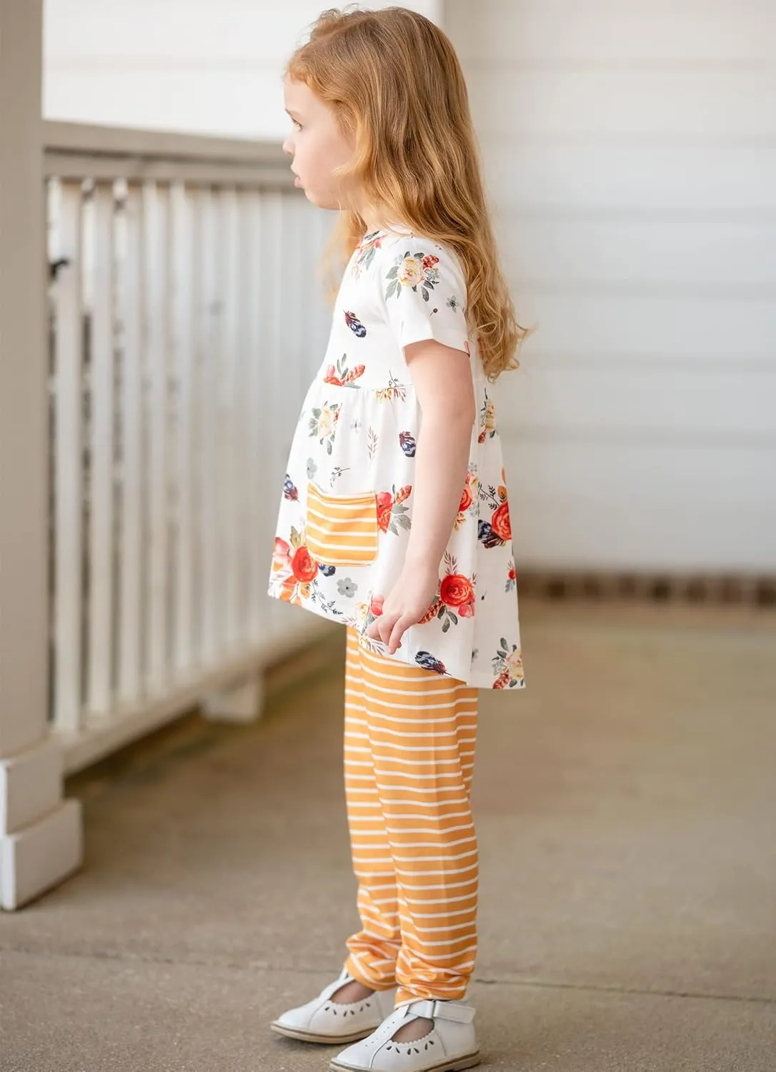 Arshiner Toddler Girls Outfits Floral Hi-Lo Tops pants Sets Short SLeeve 2pcs Pants Sets with Pockets
