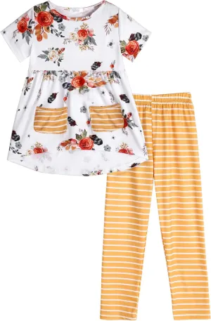 Arshiner Toddler Girls Outfits Floral Hi-Lo Tops pants Sets Short SLeeve 2pcs Pants Sets with Pockets