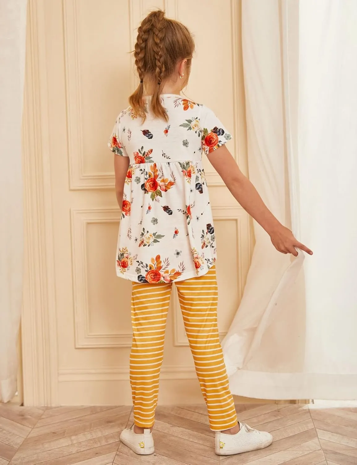Arshiner Toddler Girls Outfits Floral Hi-Lo Tops pants Sets Short SLeeve 2pcs Pants Sets with Pockets