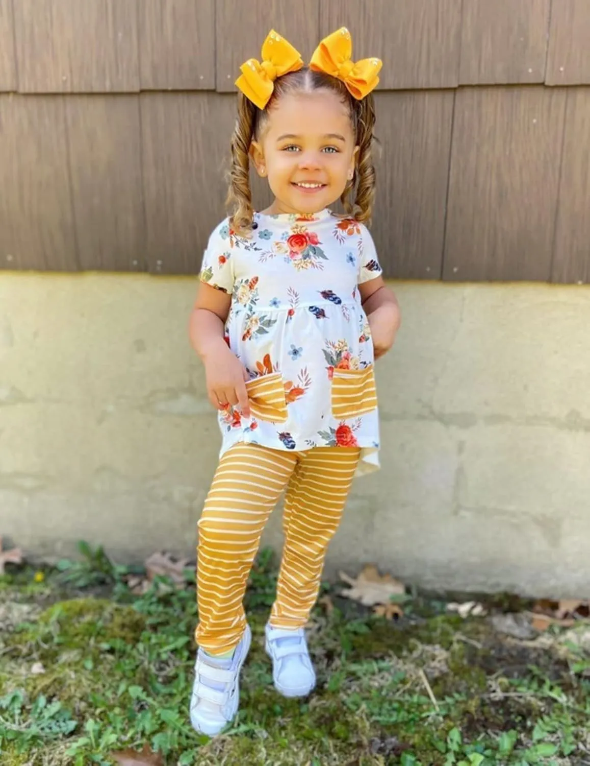 Arshiner Toddler Girls Outfits Floral Hi-Lo Tops pants Sets Short SLeeve 2pcs Pants Sets with Pockets